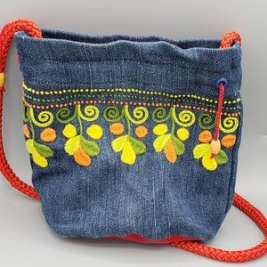 Embroidered Hand Woven Child's Bag with Carry Rope and Drawstring